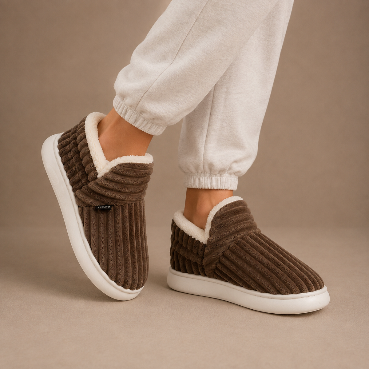 Women's Fleece-Lined Ribbed Plush Slip-On Winter Slippers