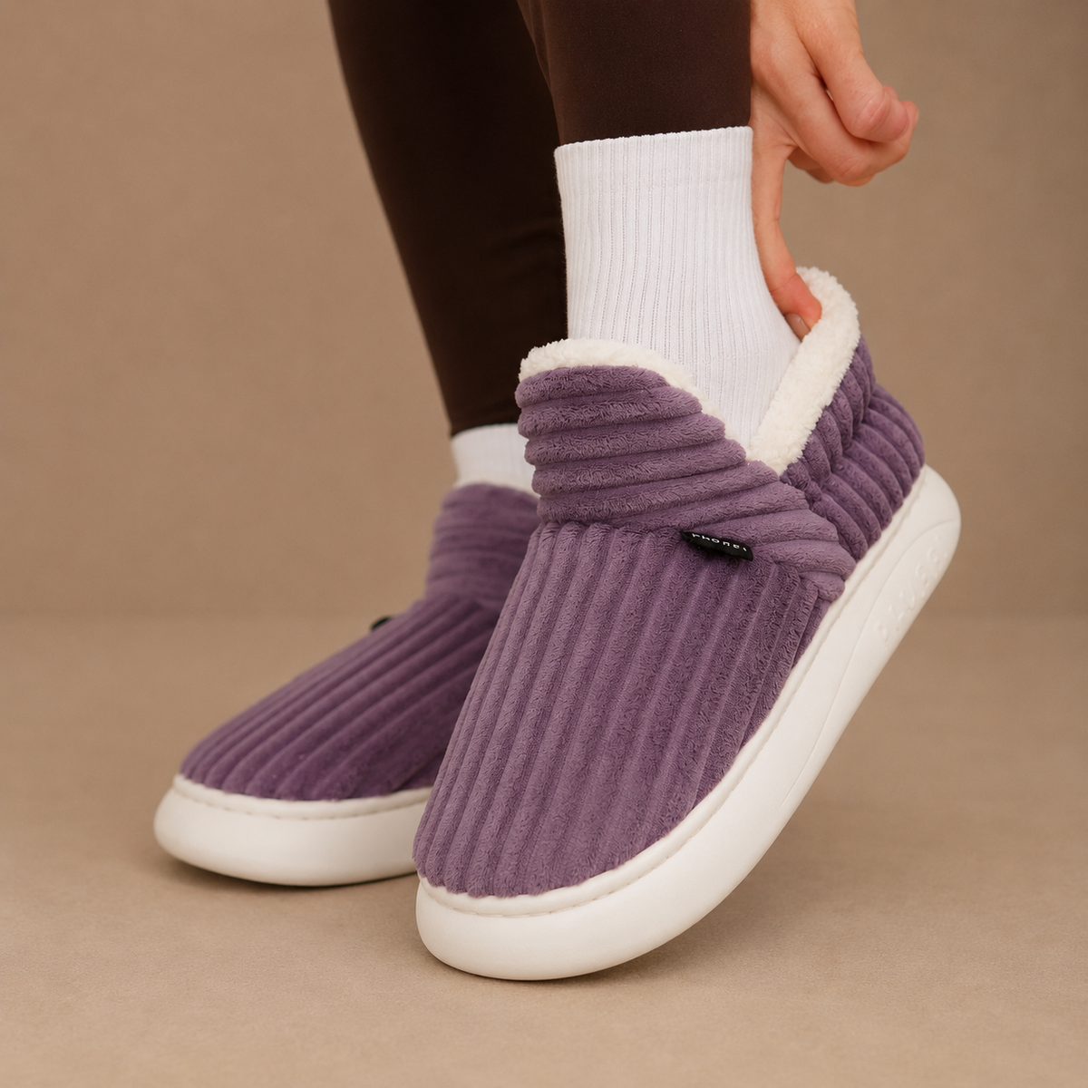 Women's Fleece-Lined Ribbed Plush Slip-On Winter Slippers
