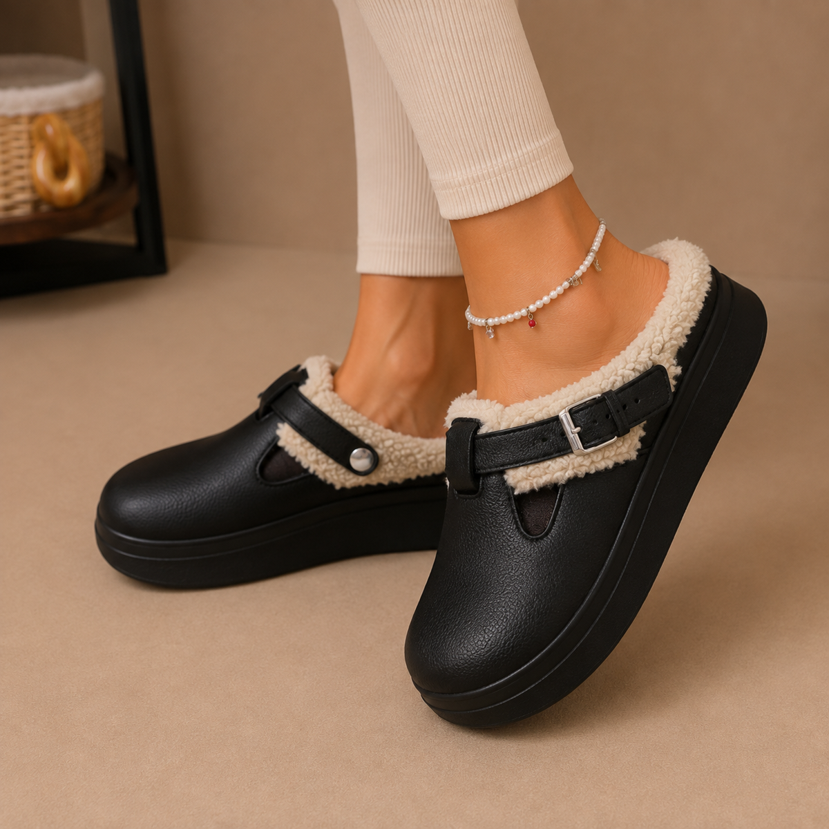 Women's Fleece-Lined Adjustable Buckle Slip-On Winter Slippers