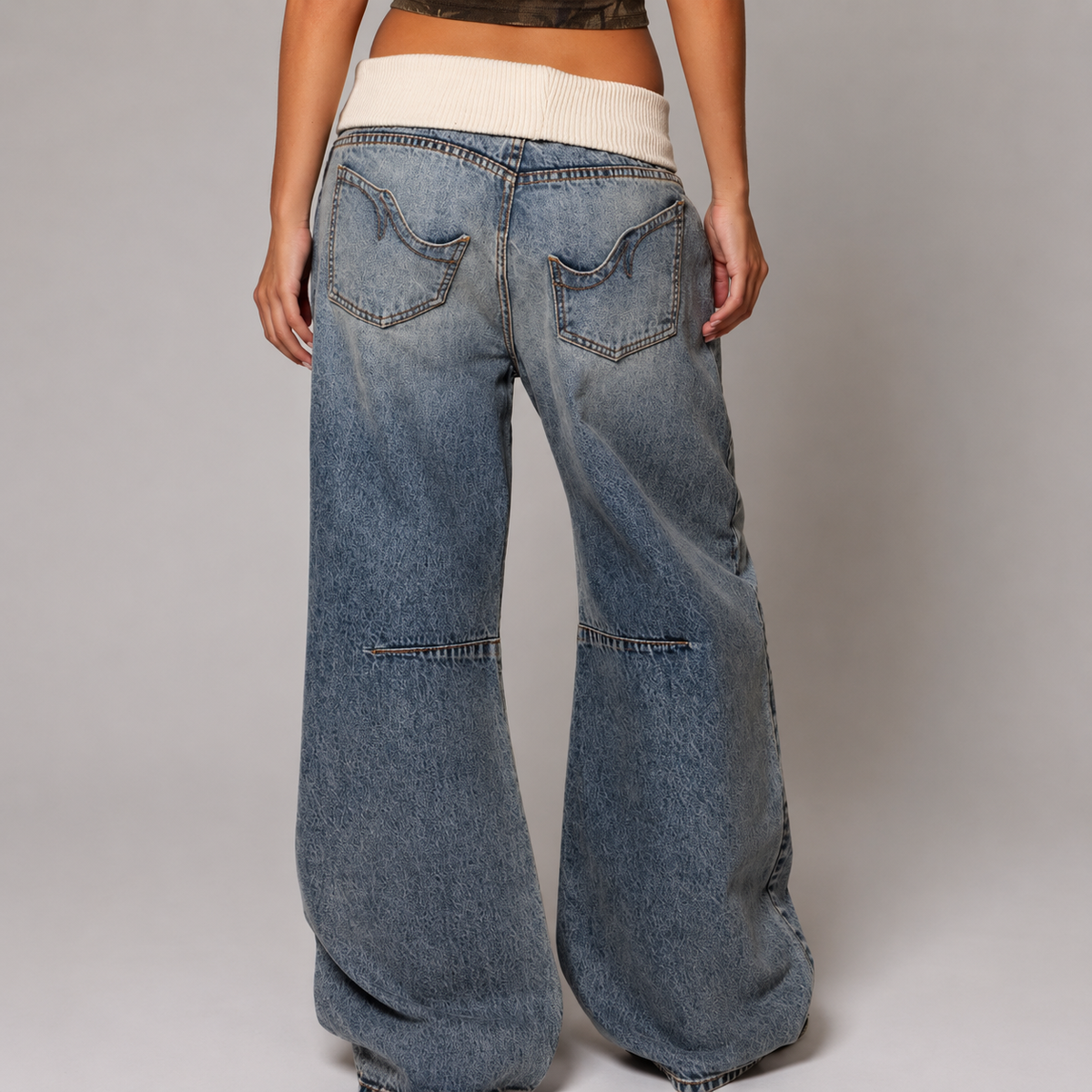 Women's Baggy Wide-Leg Ribbed Waistband Seam Detail Jeans