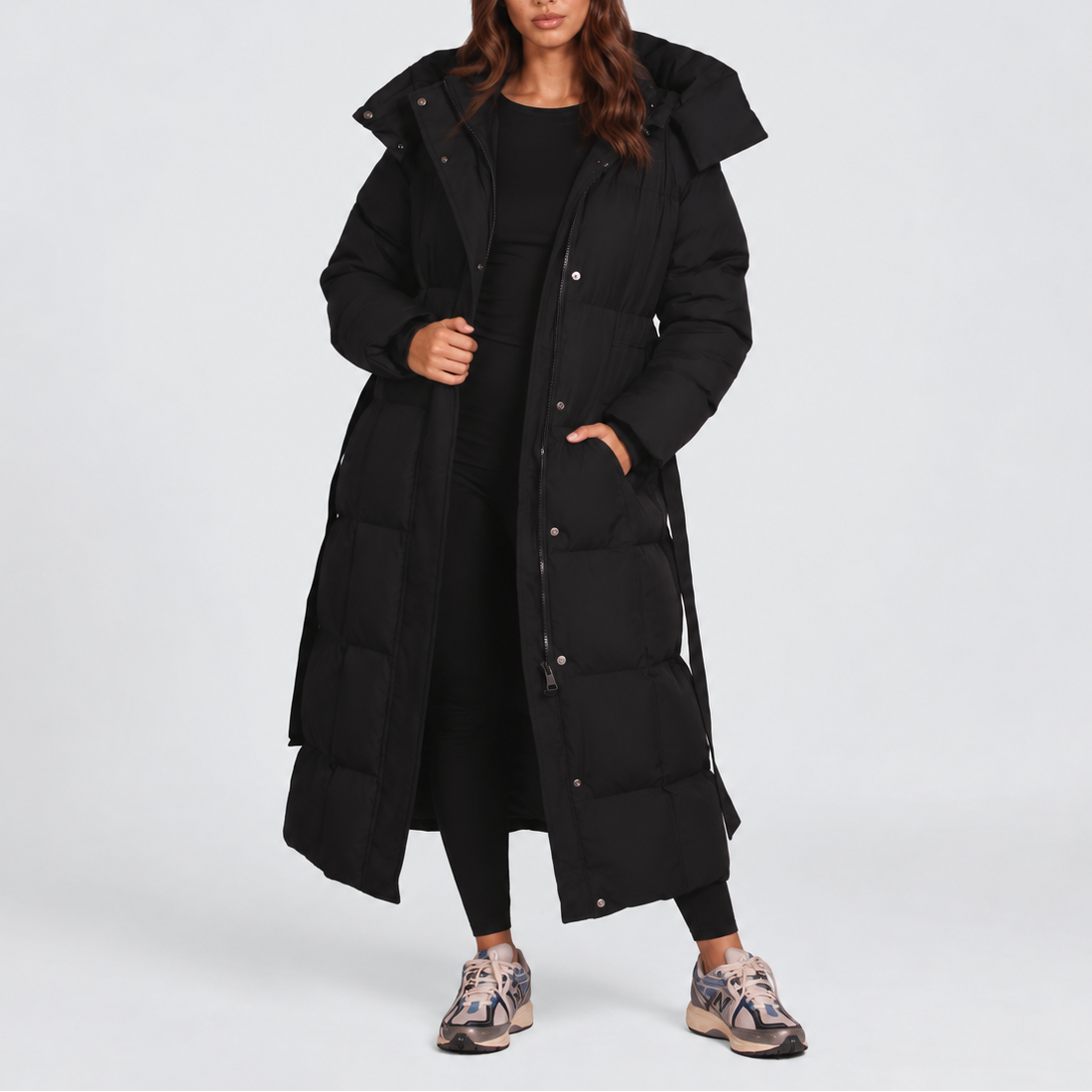 Women's Long Hooded Belted Padded Winter Puffer Coat