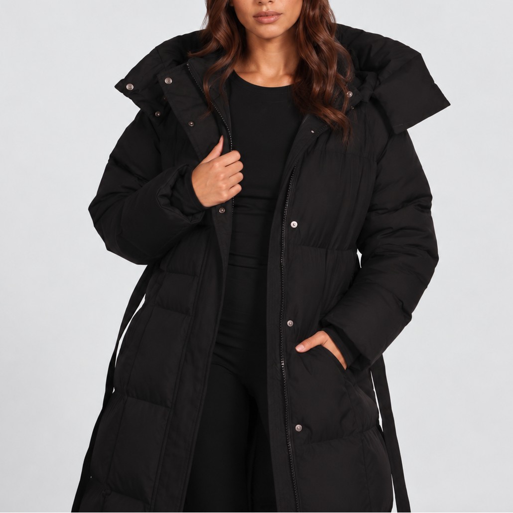 Women's Long Hooded Belted Padded Winter Puffer Coat