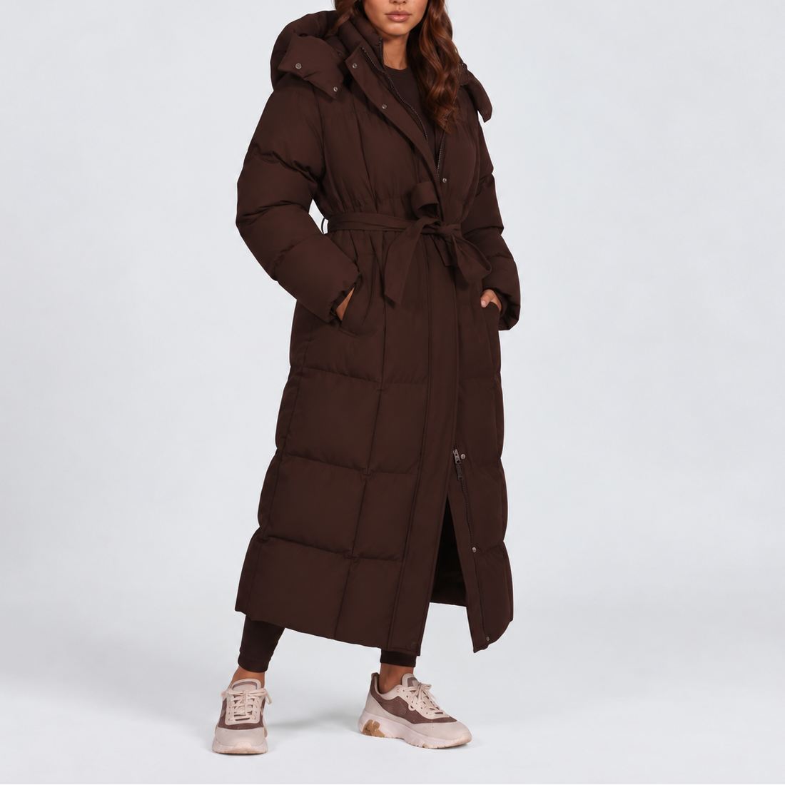 Women's Long Hooded Belted Padded Winter Puffer Coat