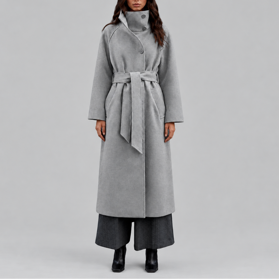 Women's Long Belted Wool-Look Wrap Winter Coat with Wide Collar