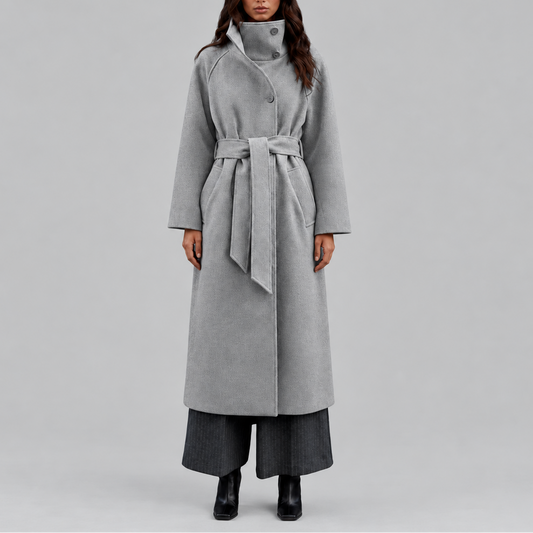 Women's Long Belted Wool-Look Wrap Winter Coat with Wide Collar
