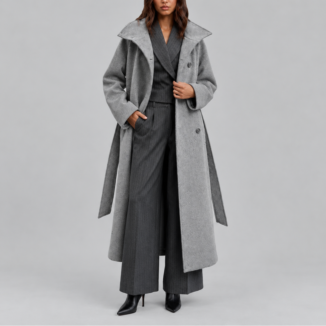 Women's Long Belted Wool-Look Wrap Winter Coat with Wide Collar