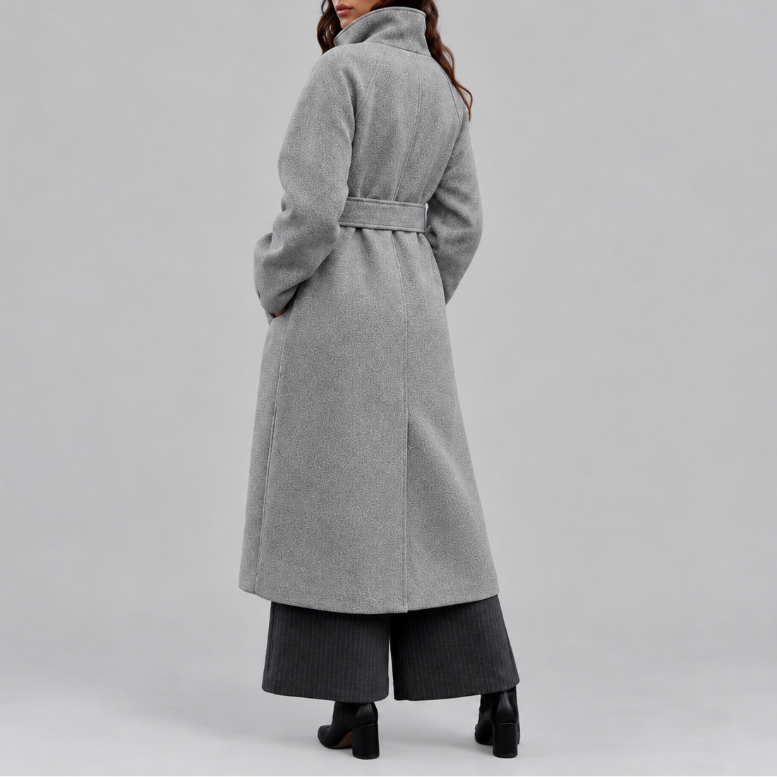 Women's Long Belted Wool-Look Wrap Winter Coat with Wide Collar