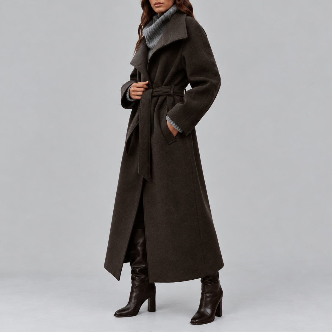 Women's Long Belted Wool-Look Wrap Winter Coat with Wide Collar