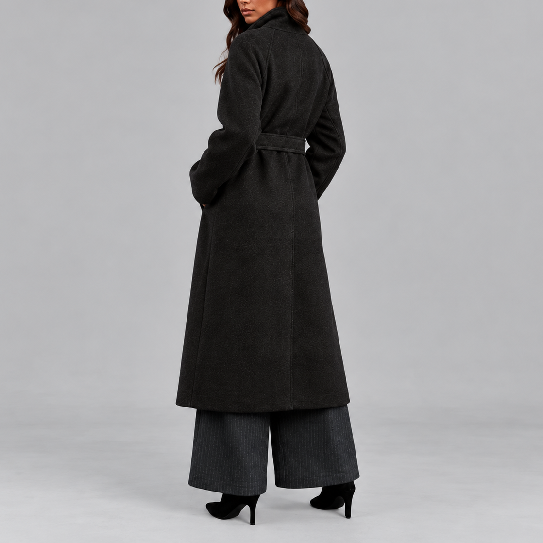 Women's Long Belted Wool-Look Wrap Winter Coat with Wide Collar