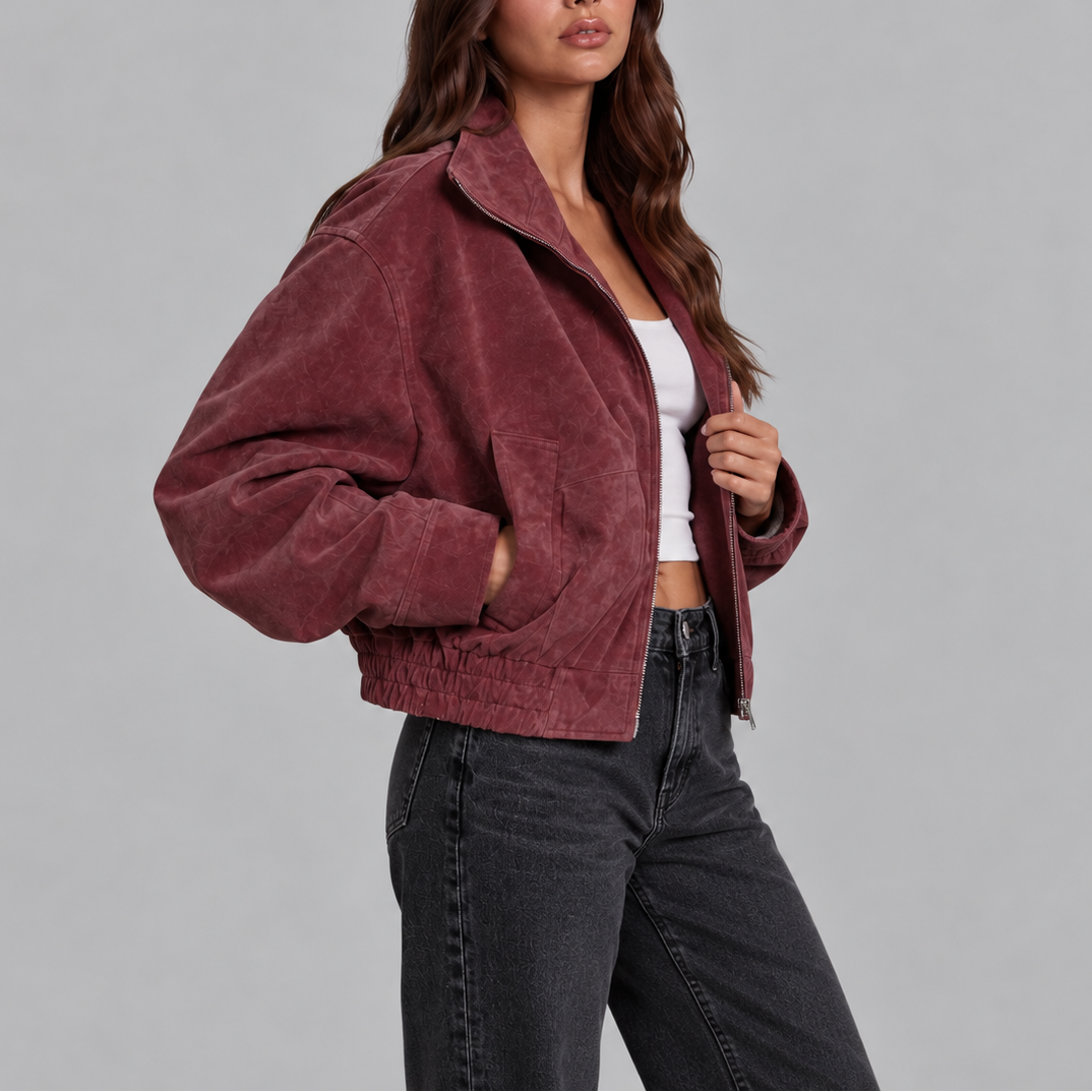 Women's Oversized Faux Suede High-Collar Zip-Up Autumn Bomber Jacket