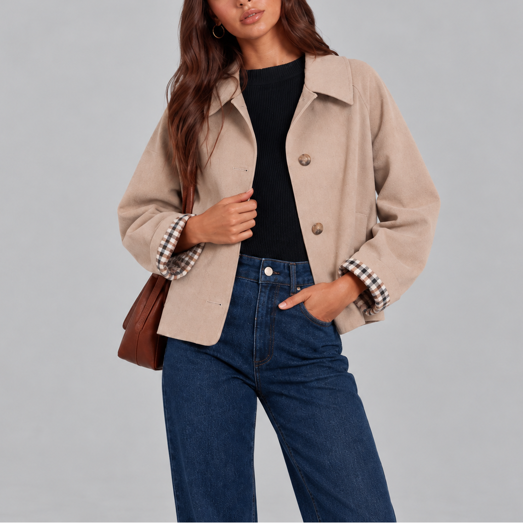 Women's Cropped Structured Check Lined Autumn Trench Jacket
