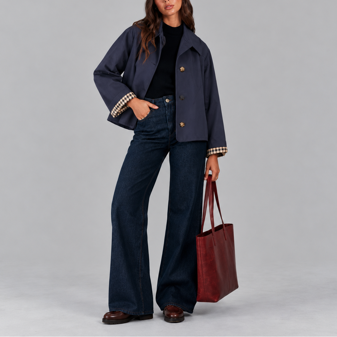 Women's Cropped Structured Check Lined Autumn Trench Jacket