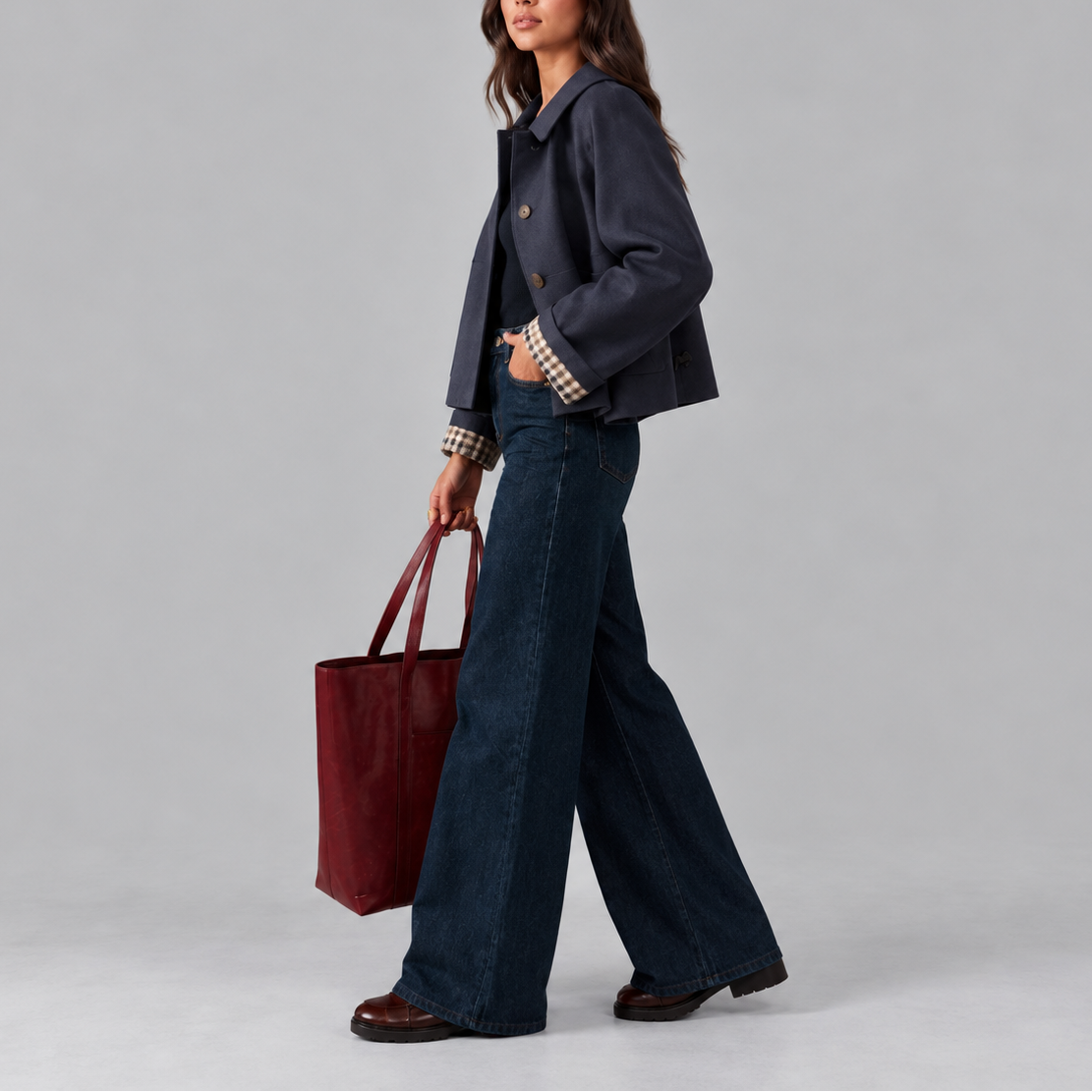 Women's Cropped Structured Check Lined Autumn Trench Jacket