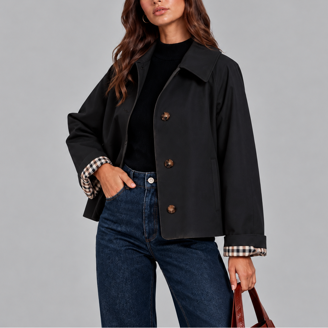 Women's Cropped Structured Check Lined Autumn Trench Jacket