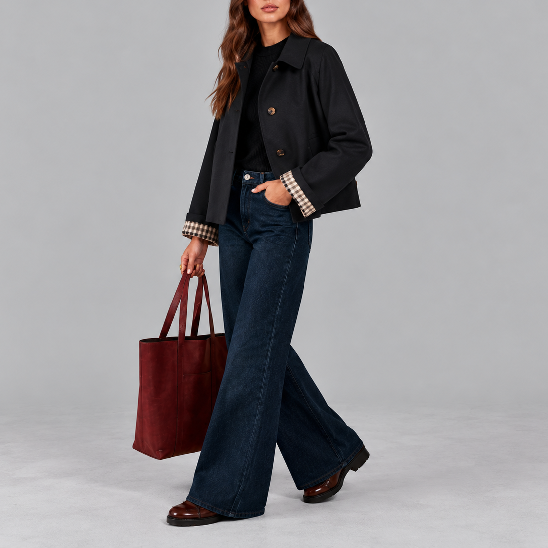 Women's Cropped Structured Check Lined Autumn Trench Jacket