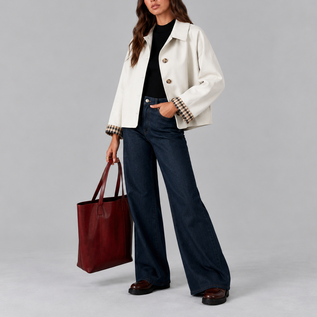 Women's Cropped Structured Check Lined Autumn Trench Jacket