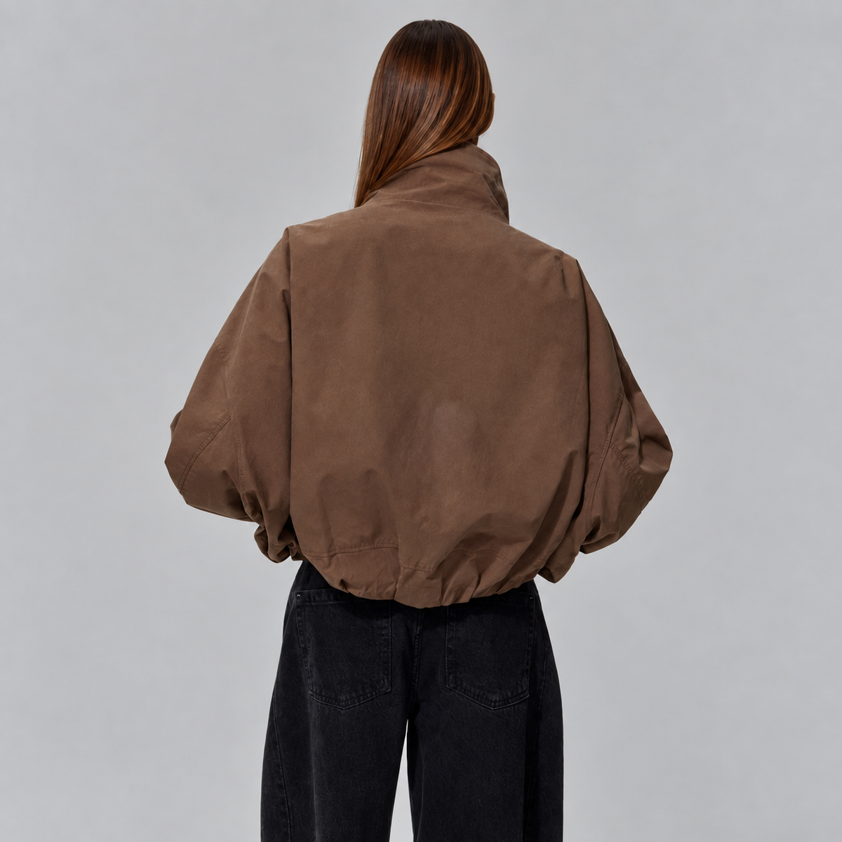 Women's Cropped Oversized High-Neck Voluminous Sleeve Bomber Jacket