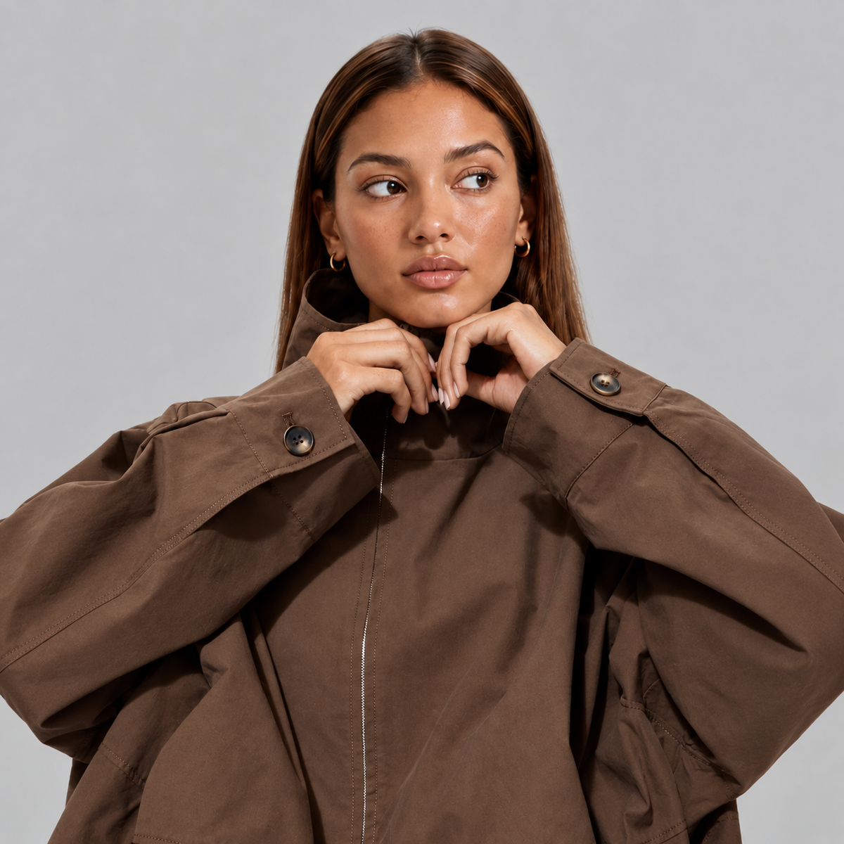 Women's Cropped Oversized High-Neck Voluminous Sleeve Bomber Jacket