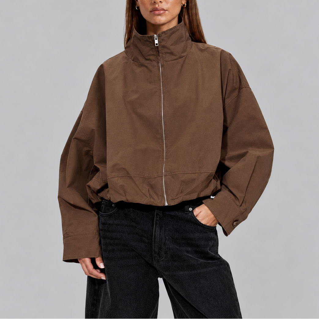 Women's Cropped Oversized High-Neck Voluminous Sleeve Bomber Jacket