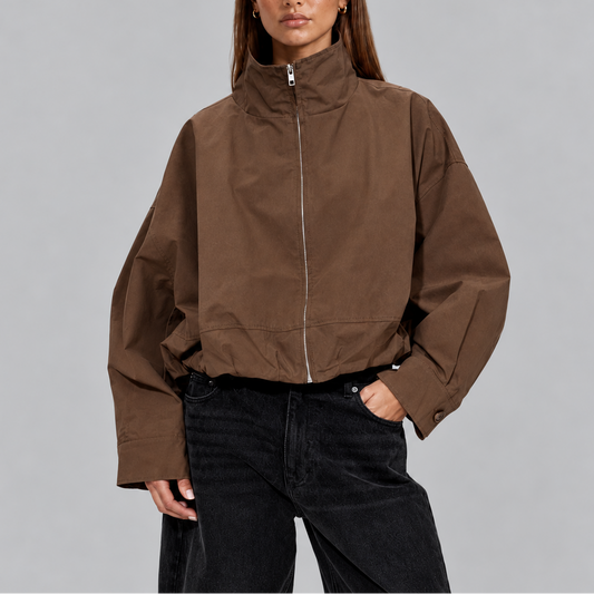 Women's Cropped Oversized High-Neck Voluminous Sleeve Bomber Jacket