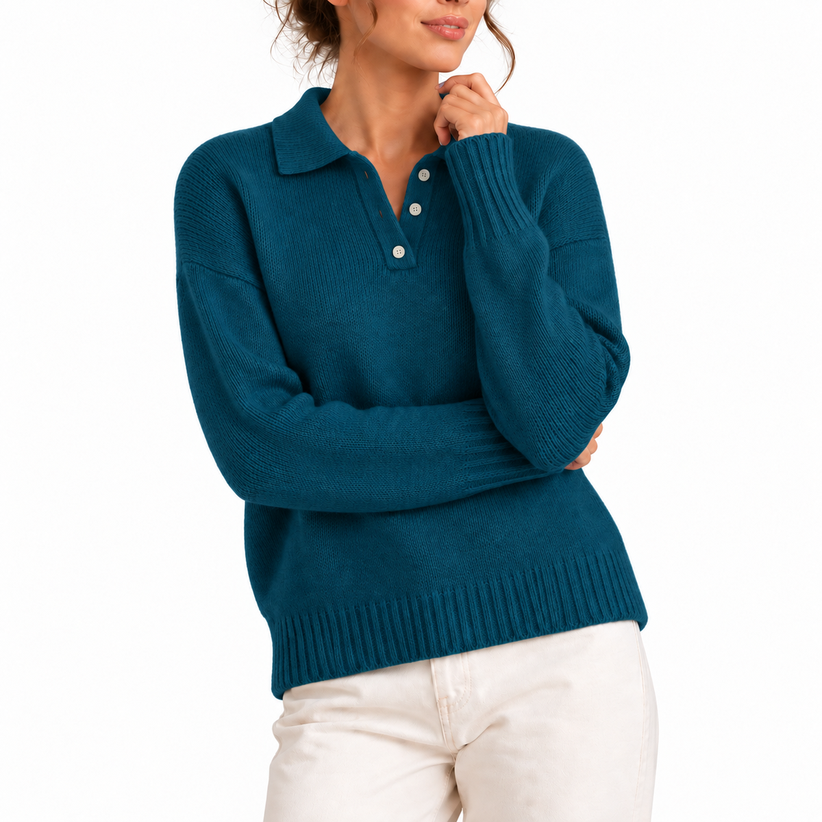 Women's Relaxed Polo Collar Long-Sleeve Button Placket Knit Jumper