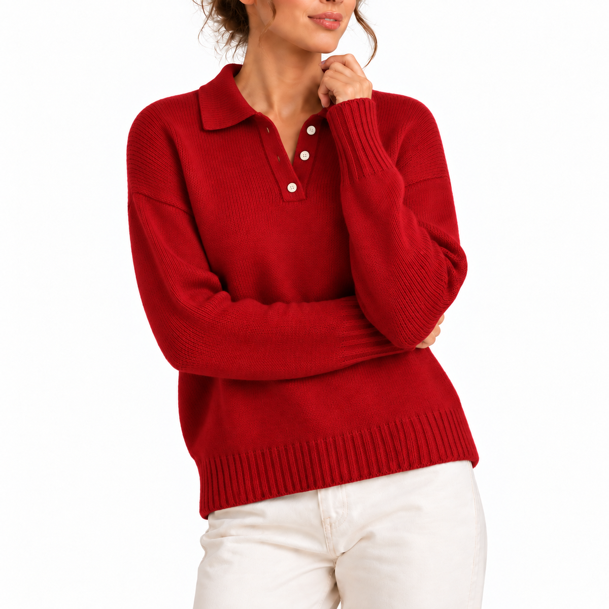 Women's Relaxed Polo Collar Long-Sleeve Button Placket Knit Jumper