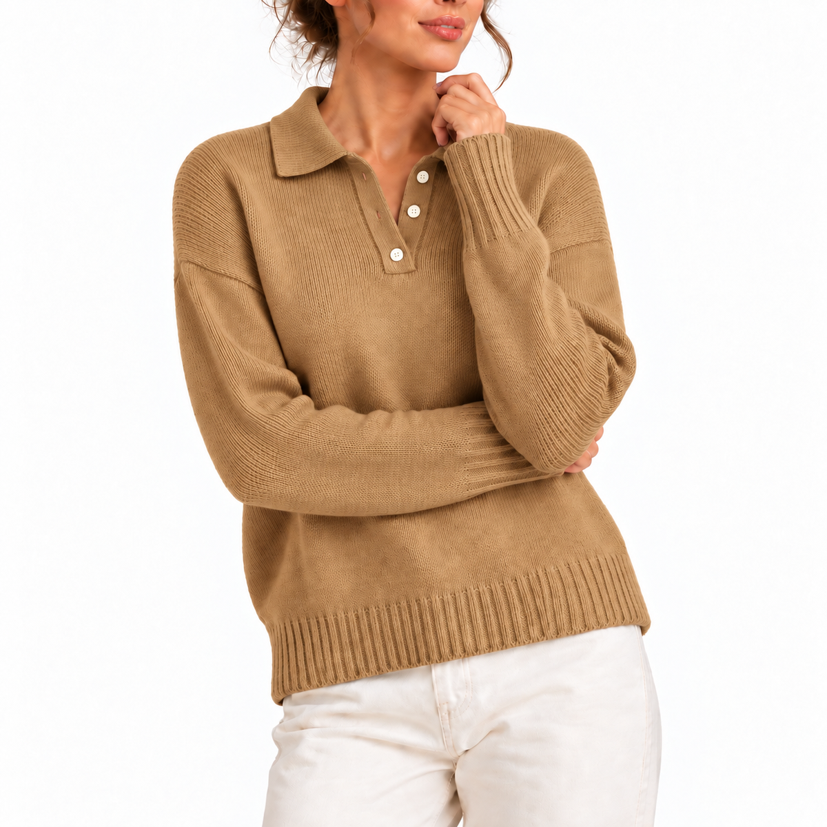 Women's Relaxed Polo Collar Long-Sleeve Button Placket Knit Jumper