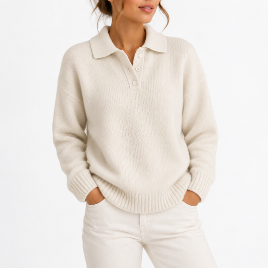 Women's Relaxed Polo Collar Long-Sleeve Button Placket Knit Jumper
