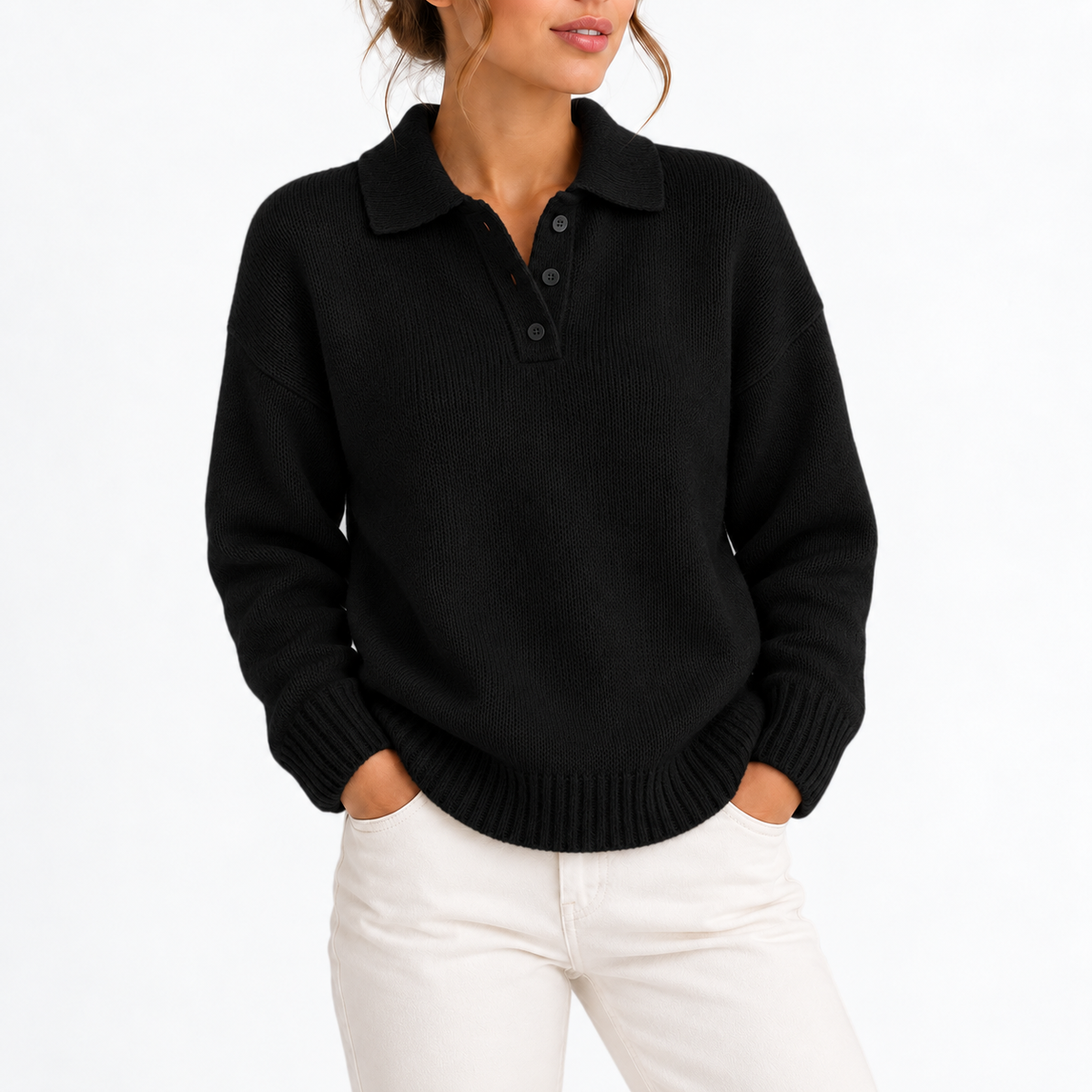 Women's Relaxed Polo Collar Long-Sleeve Button Placket Knit Jumper