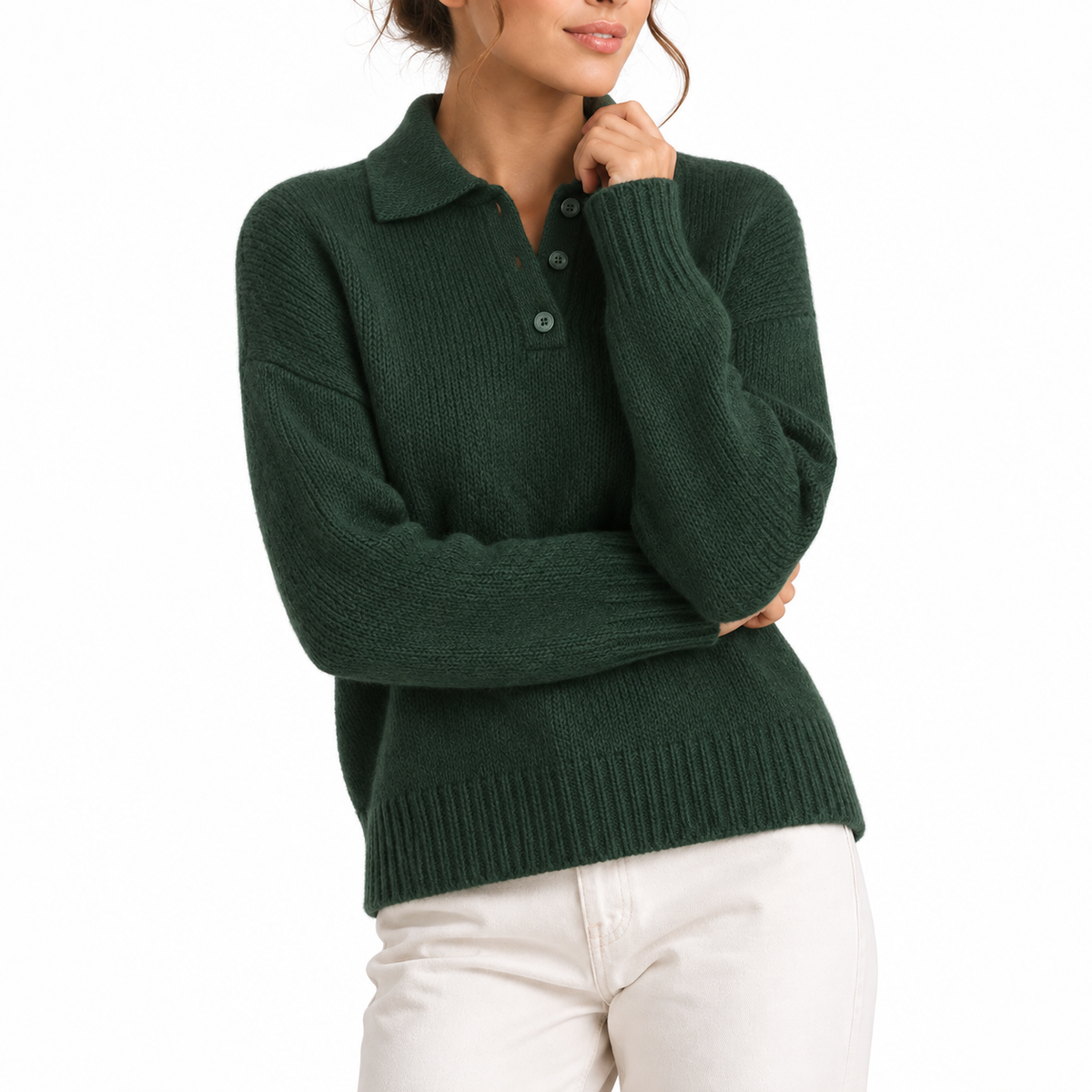 Women's Relaxed Polo Collar Long-Sleeve Button Placket Knit Jumper