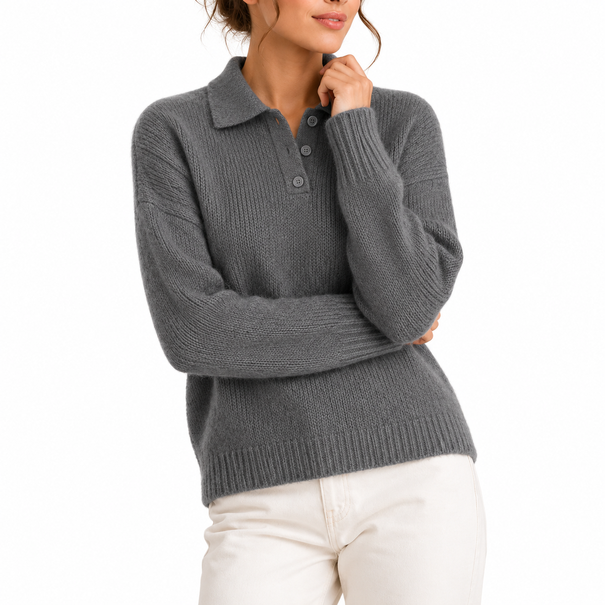 Women's Relaxed Polo Collar Long-Sleeve Button Placket Knit Jumper