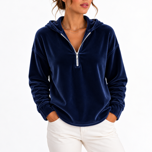 Women's Velvet-Look Quarter-Zip Relaxed Fit Winter Hoodie