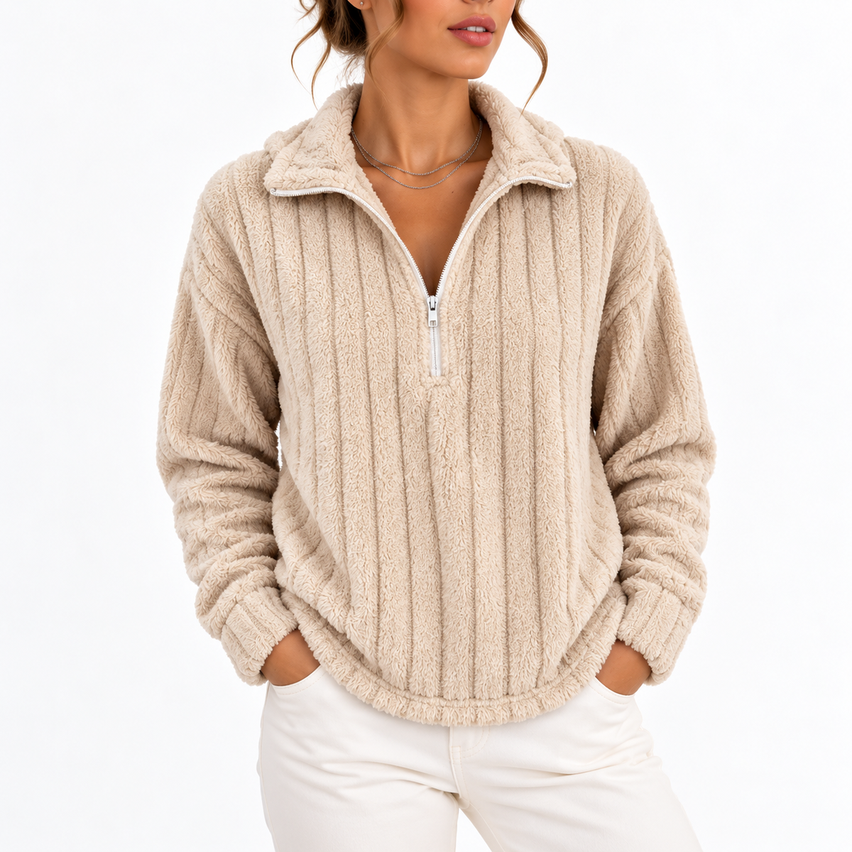 Women's Ribbed Textured Half-Zip Relaxed Fit Winter Sweatshirt
