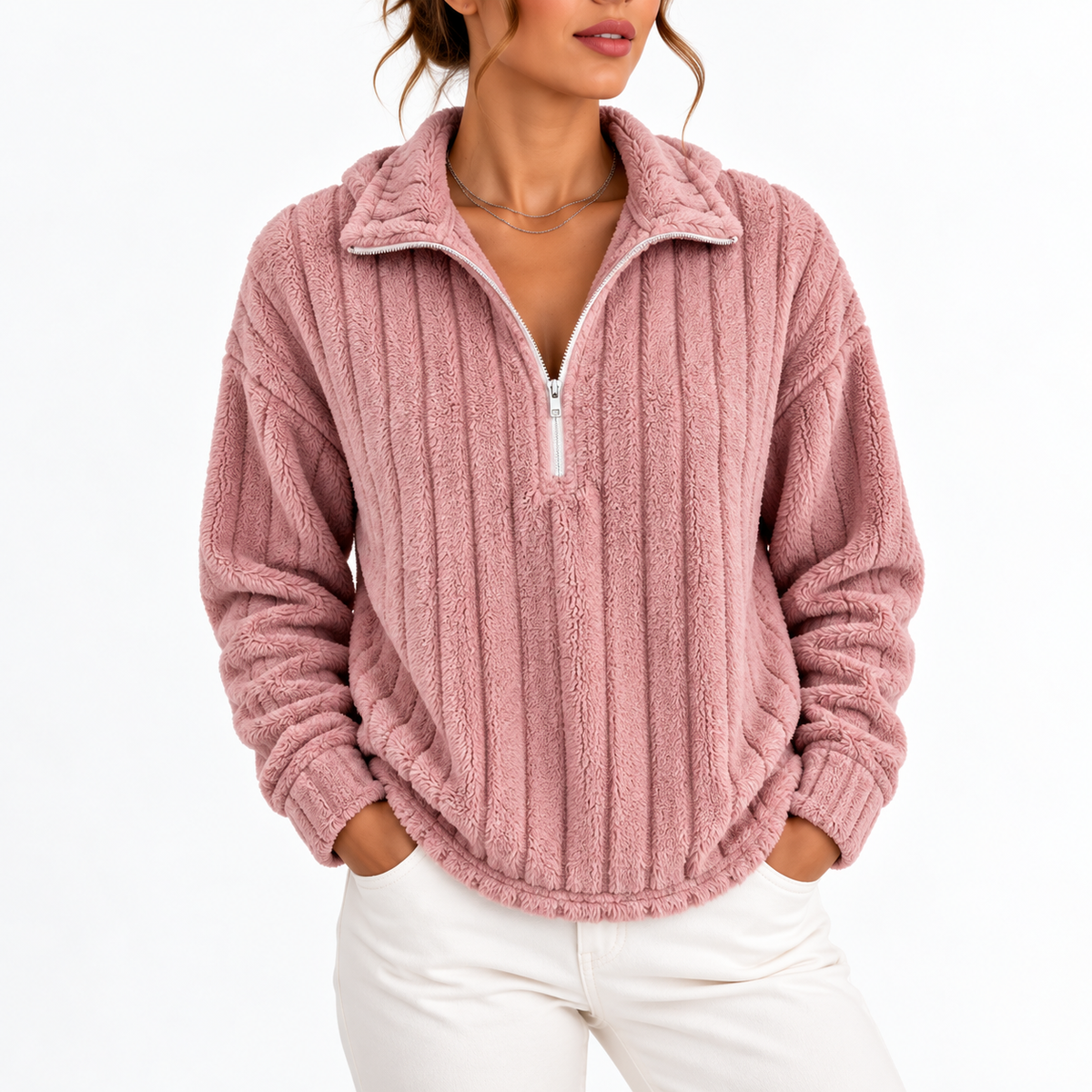 Women's Ribbed Textured Half-Zip Relaxed Fit Winter Sweatshirt