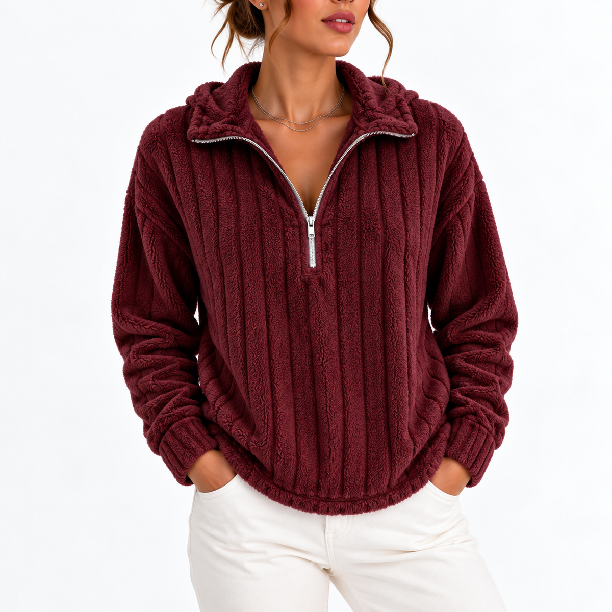 Women's Ribbed Textured Half-Zip Relaxed Fit Winter Sweatshirt