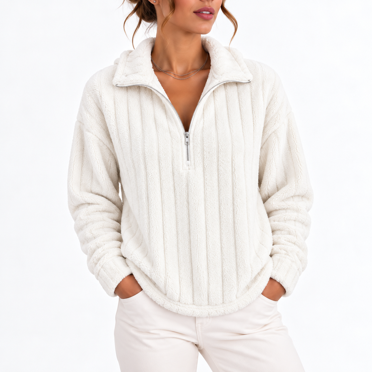 Women's Ribbed Textured Half-Zip Relaxed Fit Winter Sweatshirt