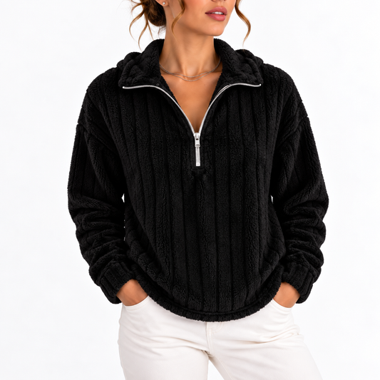 Women's Ribbed Textured Half-Zip Relaxed Fit Winter Sweatshirt