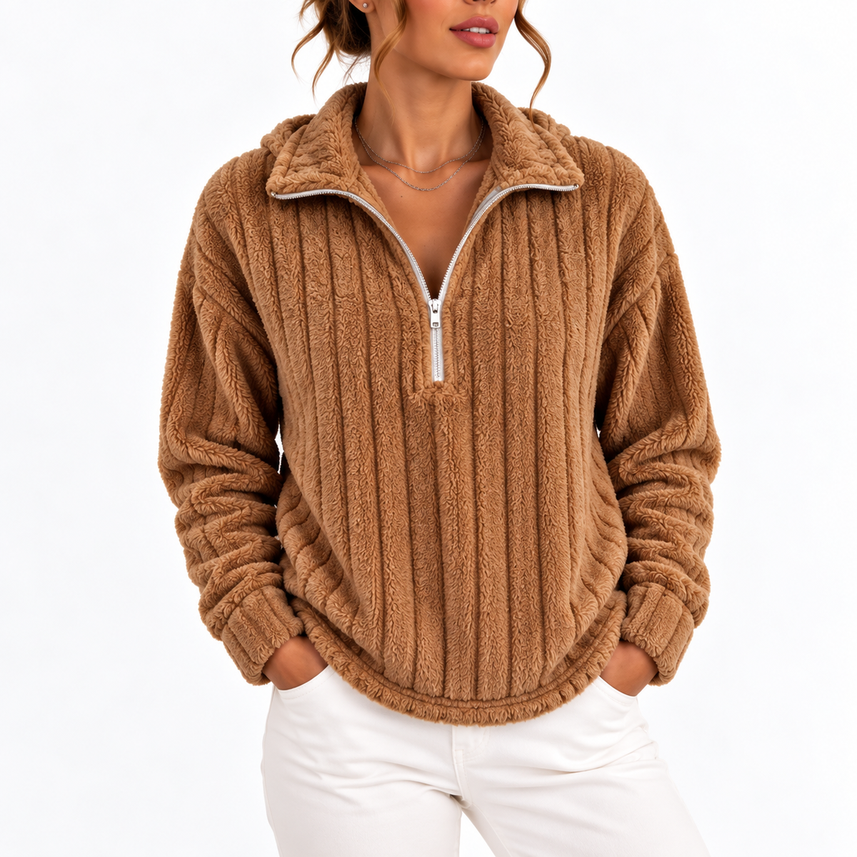 Women's Ribbed Textured Half-Zip Relaxed Fit Winter Sweatshirt