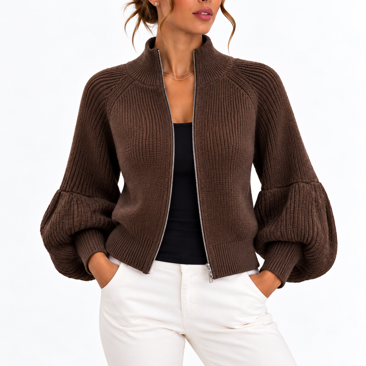 Women's Cropped Puff Sleeve High Collar Knit Autumn Cardigan