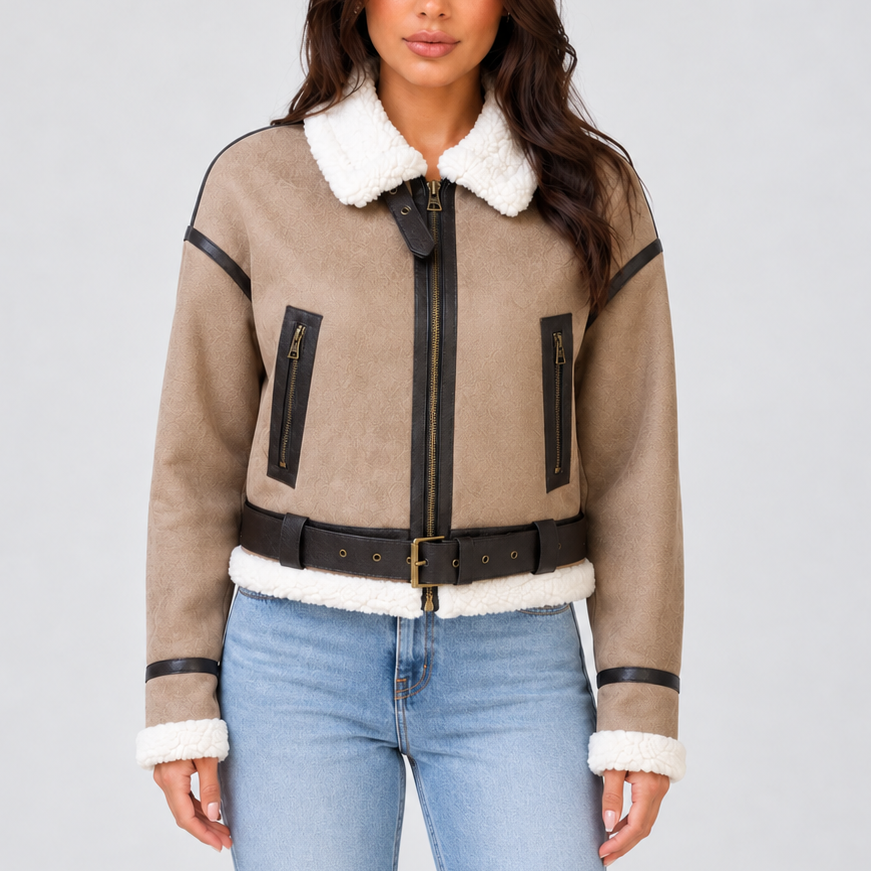 Women's Cropped Teddy Trim Zip-Up Buckle Winter Aviator Jacket