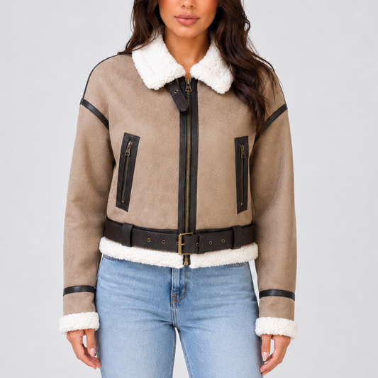 Women's Cropped Teddy Trim Zip-Up Buckle Winter Aviator Jacket