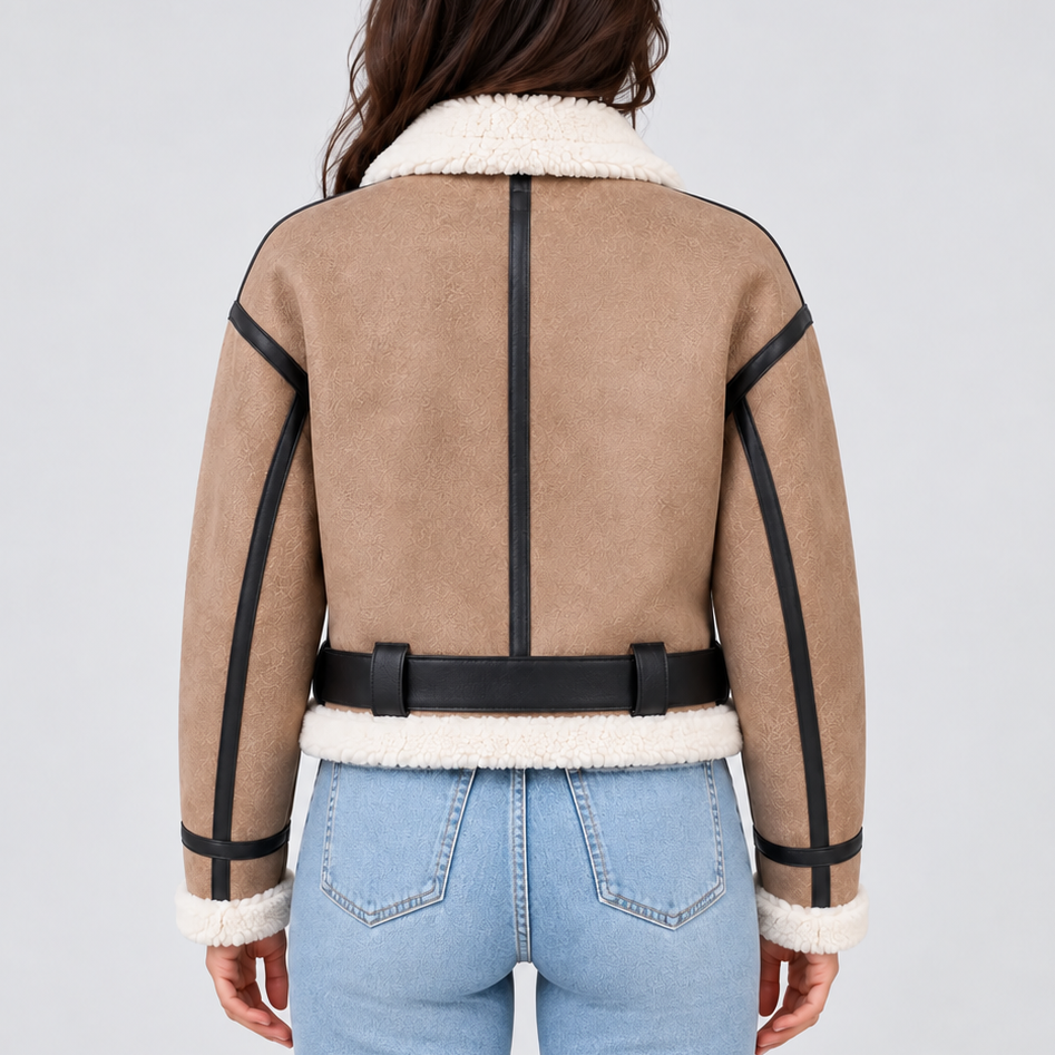 Women's Cropped Teddy Trim Zip-Up Buckle Winter Aviator Jacket