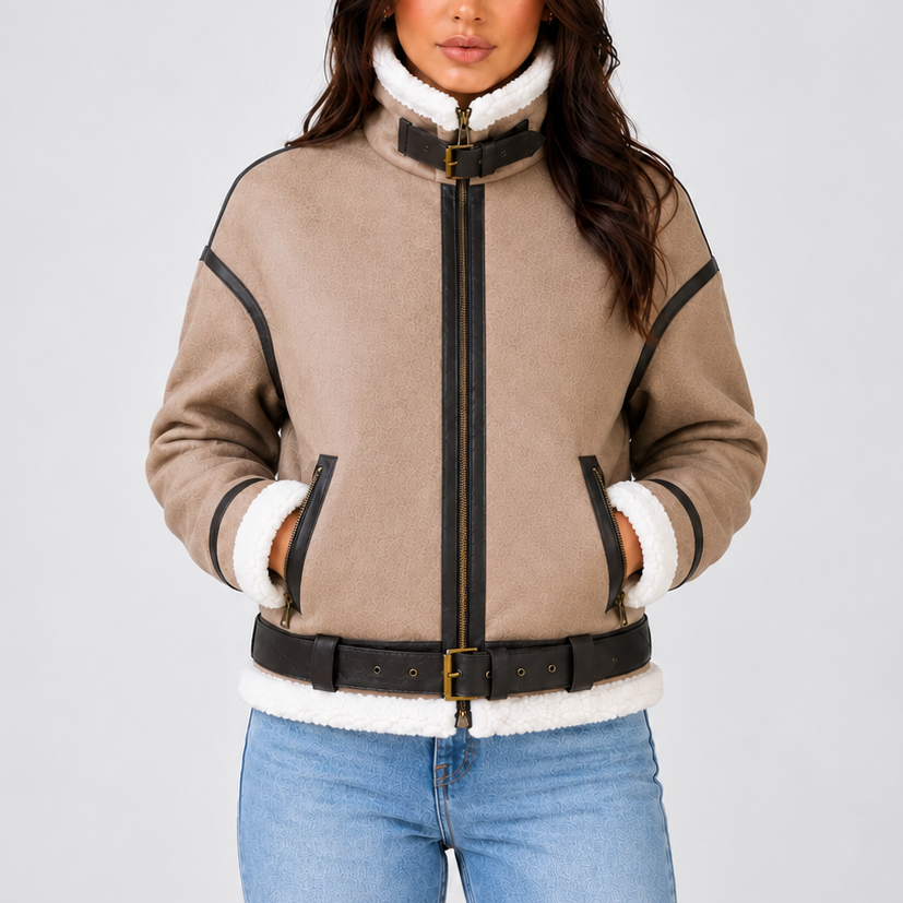 Women's Cropped Teddy Trim Zip-Up Buckle Winter Aviator Jacket