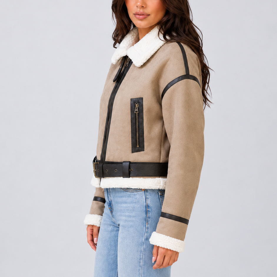 Women's Cropped Teddy Trim Zip-Up Buckle Winter Aviator Jacket