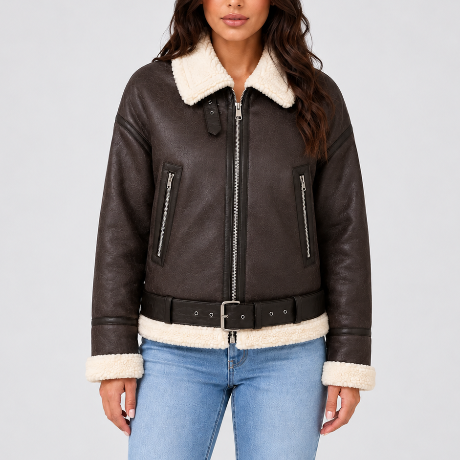 Women's Cropped Teddy Trim Zip-Up Buckle Winter Aviator Jacket
