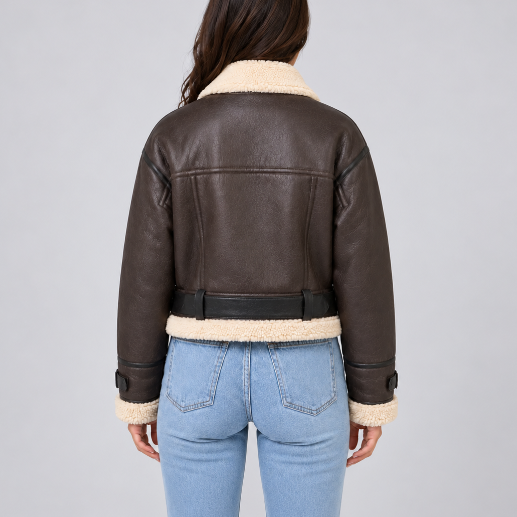 Women's Cropped Teddy Trim Zip-Up Buckle Winter Aviator Jacket