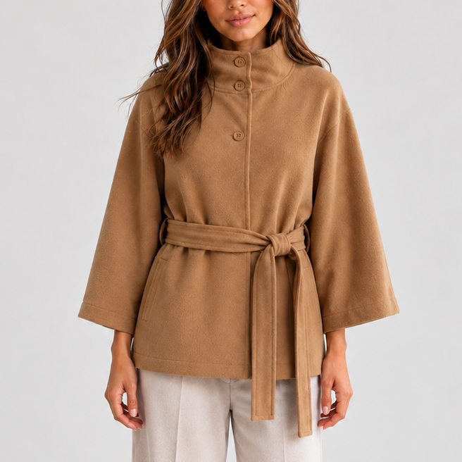 Women's Relaxed Fit Belted Stand Collar Autumn Cape Jacket