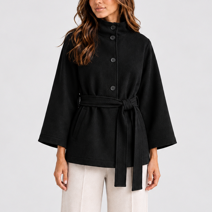 Women's Relaxed Fit Belted Stand Collar Autumn Cape Jacket