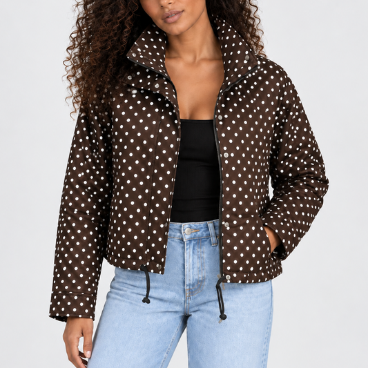 Women's Polka Dot Cropped High Collar Zip-Up Autumn Jacket