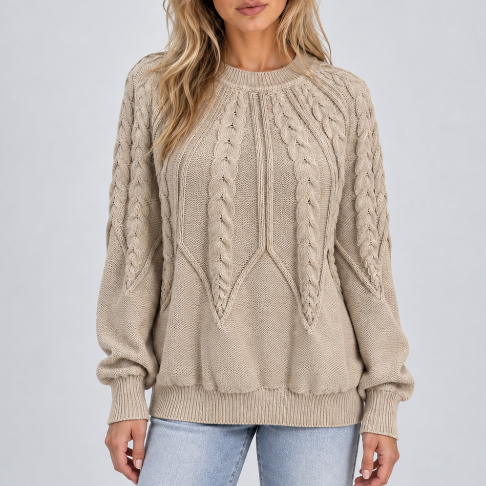 Women's Cable Knit Crew-Neck Balloon Sleeve Winter Jumper